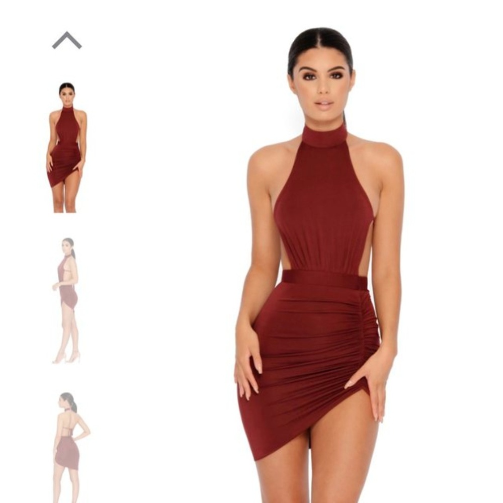 RUCHED AND READY HALTER NECK MINI DRESS IN RED